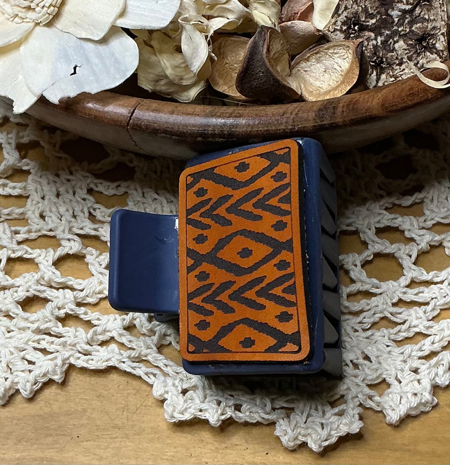 Geometric Pattern Engraved Leather Hair Clip - Small 2"
