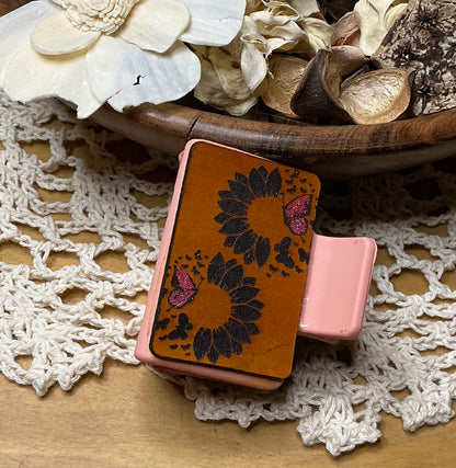 Flower and Butterfly Leather Hair Clip - Small 2"