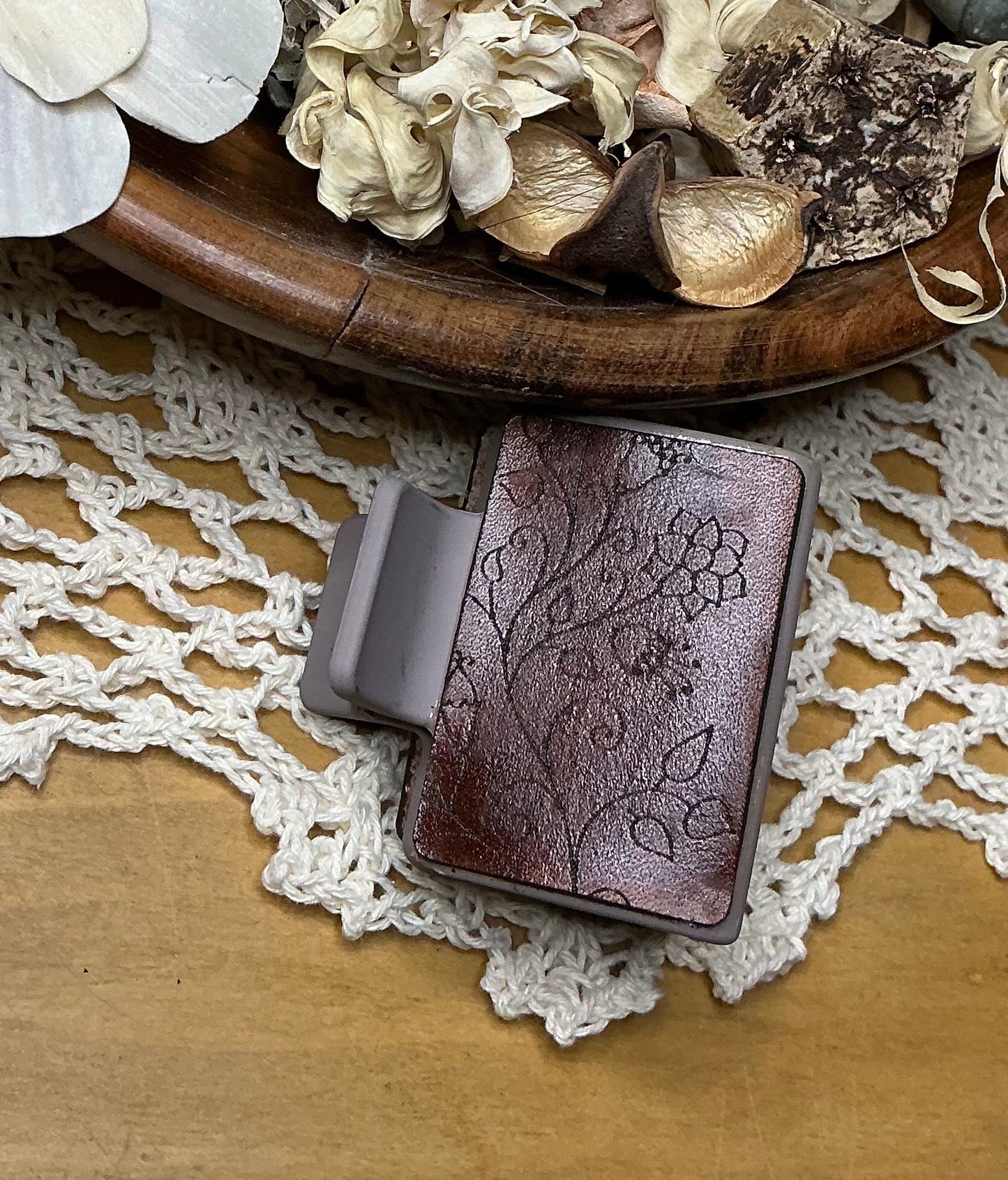 Floral Leather Hair Clip - Small 2"