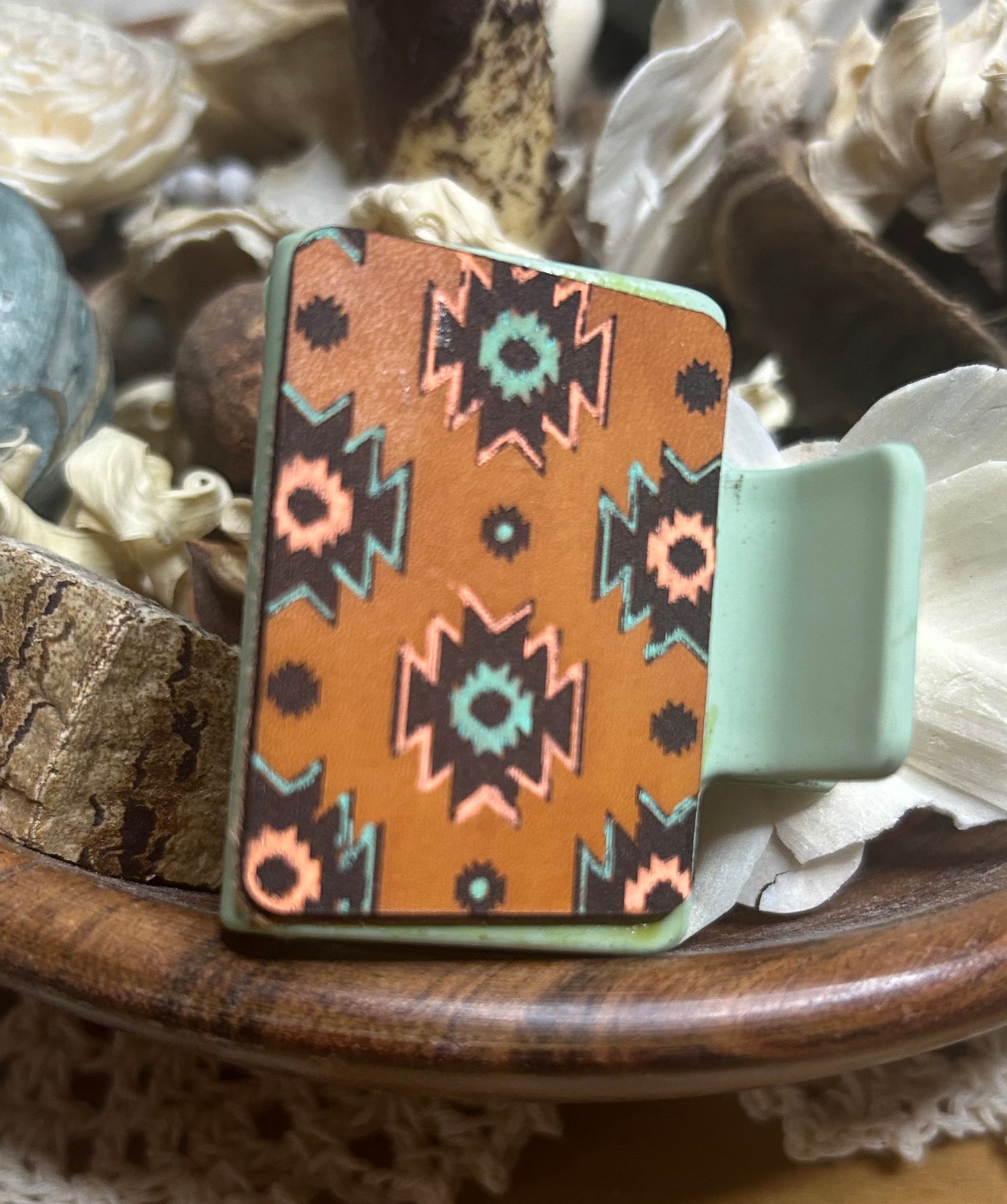 Boho Aztec Print Leather Hair Claw Clip – Small 2" Light Green
