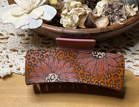 Sunflower and Cheetah Print Leather Engraved Hand Painted Claw Clip - Large 4"