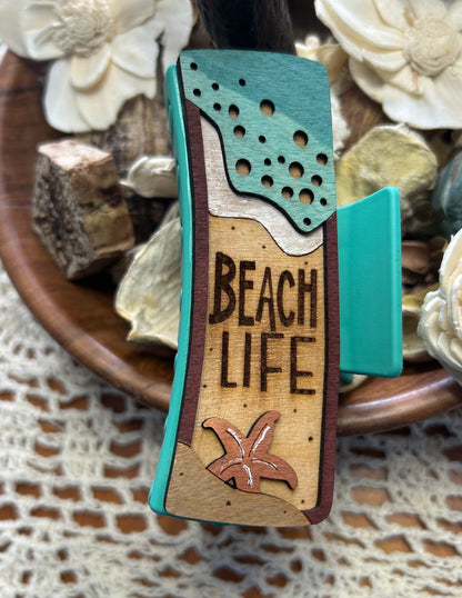 Wooden 3D Beach Life Hair Claw Clip – 4"