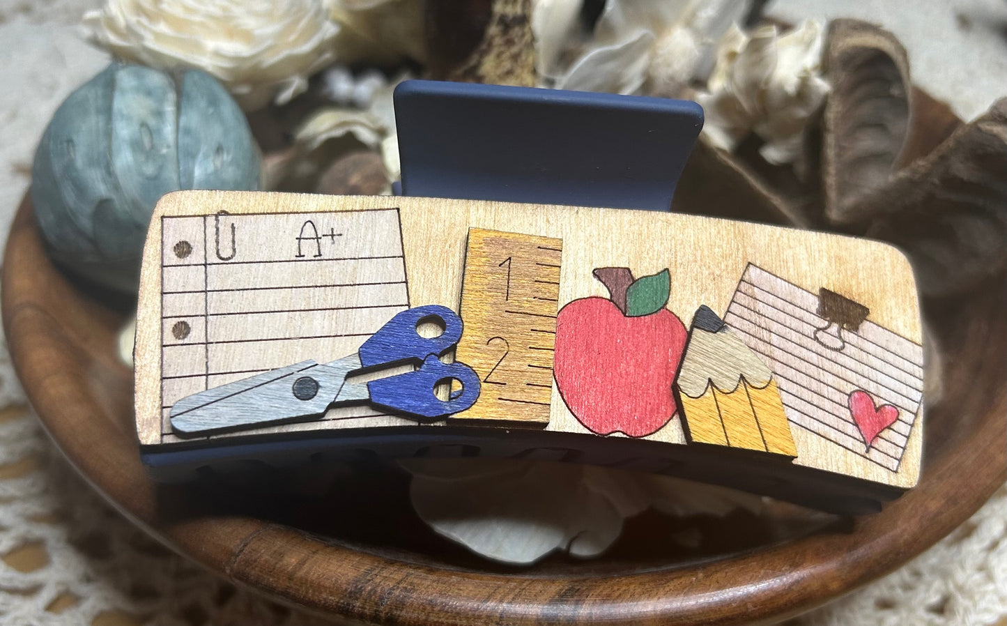 Wooden 3D Teacher School Supplies Hair Claw Clip – 4"