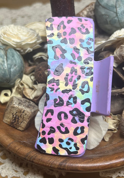 Rainbow Paint Splash Animal Print Leather Hair Claw Clip – 4"