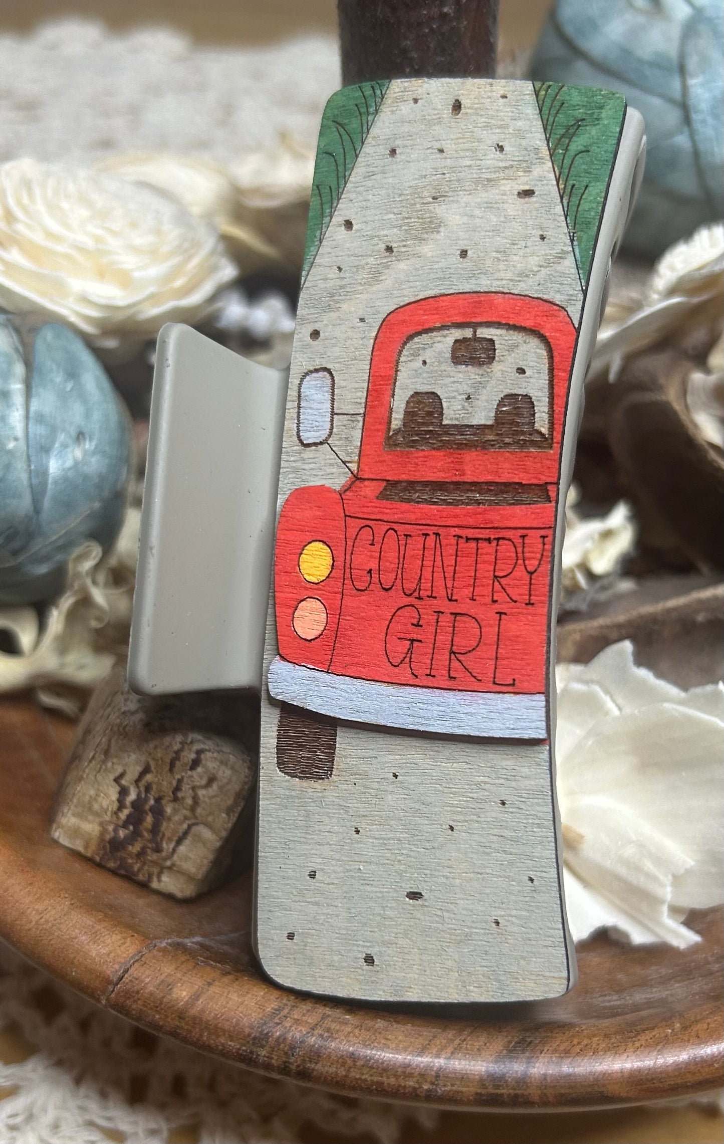 Country Girl Little Red Truck Wooden 3D Hair Clip – 4"