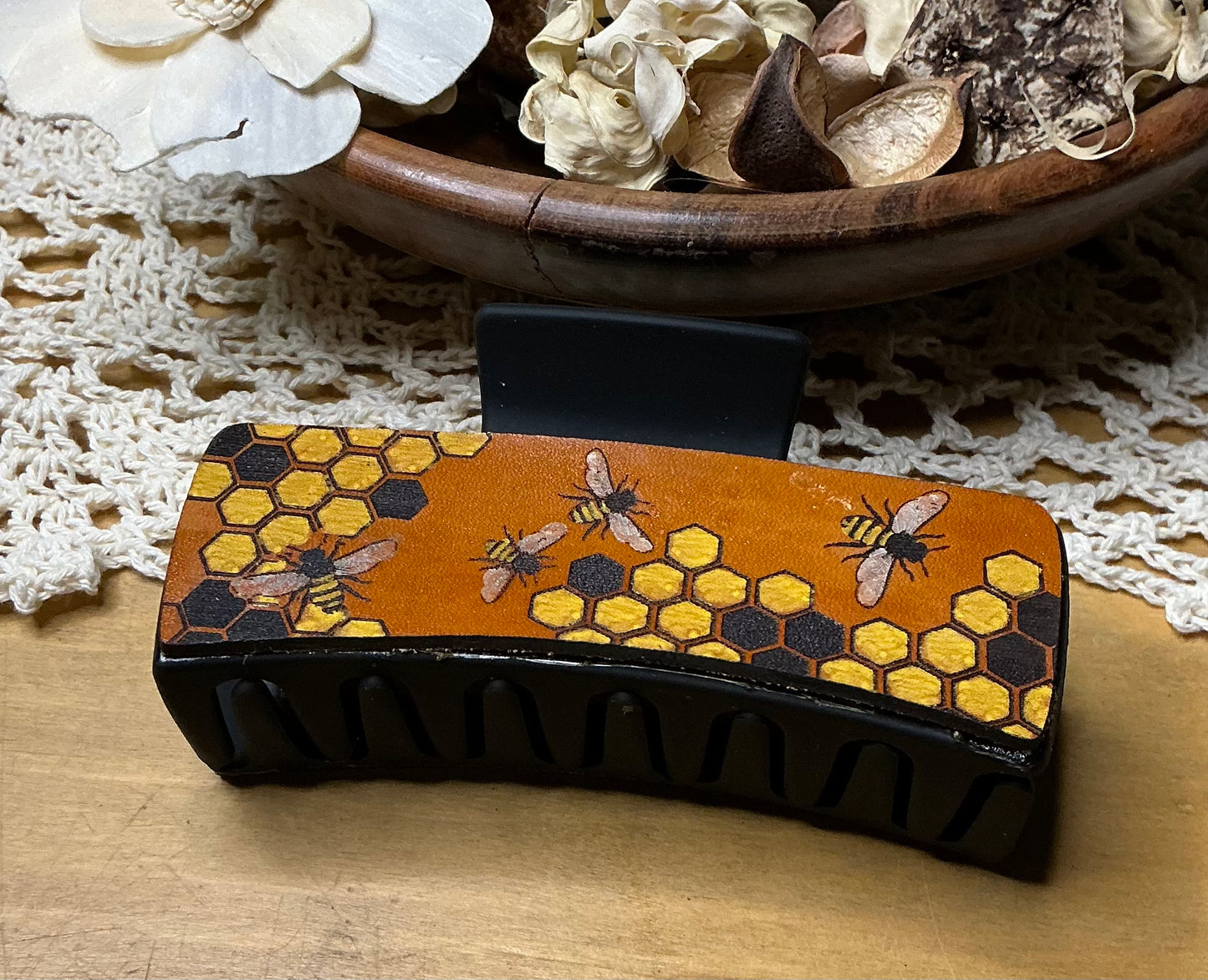 Honeycomb and Bee Engraved Hand Painted Claw Clip - Large 4"