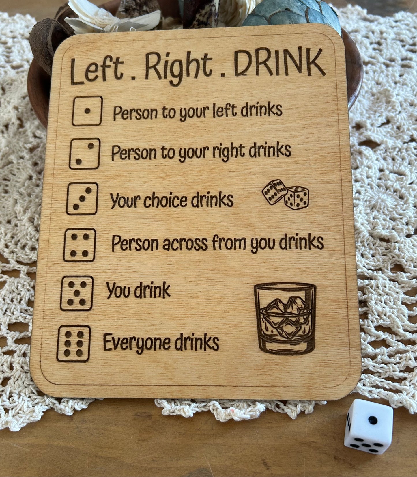 Left Right Drink Dice Game – Wooden Board (Dice Included)
