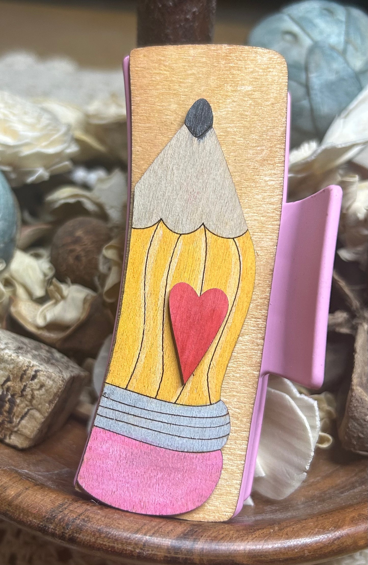 Wooden 3D Pencil Heart Teacher Hair Claw Clip – Pink 4"