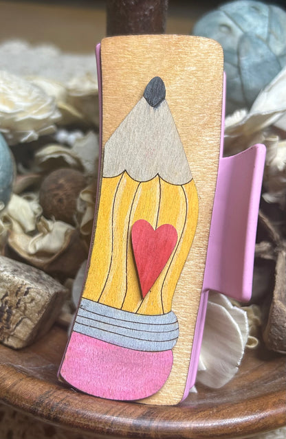 Wooden 3D Pencil Heart Teacher Hair Claw Clip – Pink 4"