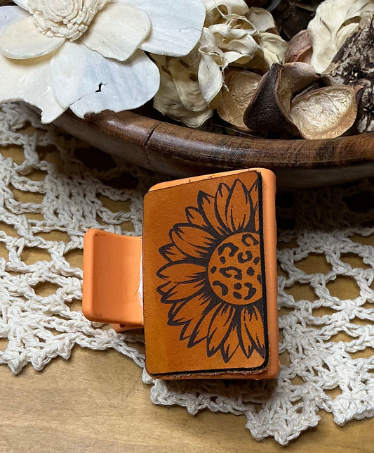 Sunflower Engraved Leather Hair Clip - Small 2"