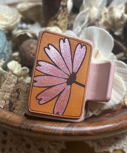 Pink Metallic Flower Leather Hair Claw Clip – Small 2"