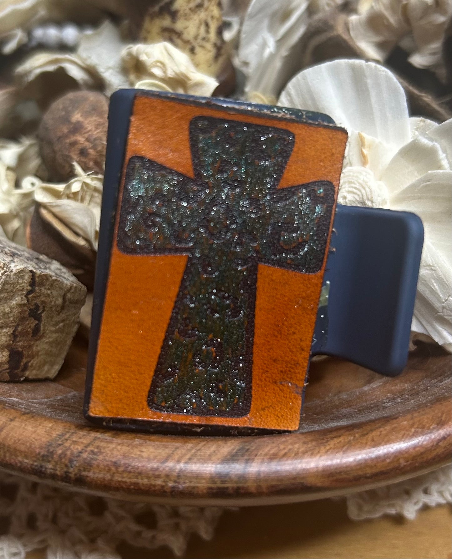 Blue Glitter Animal Print Cross Leather Hair Claw Clip – Small 2"