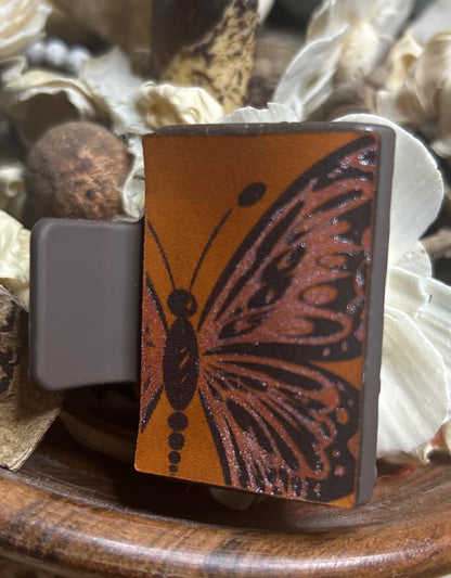 Pink Glitter Butterfly Leather Hair Claw Clip – Small 2" (Brown Clip)
