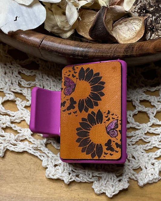 Pink Sunflower and Butterfly Leather Hand Painted Hair Clip - Small 2"