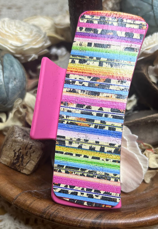 Colorful Serape and Animal Print Leather Hair Claw Clip – 4" pink