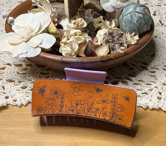 Floral and Bees Leather Engraved Claw Clip - Large 4"