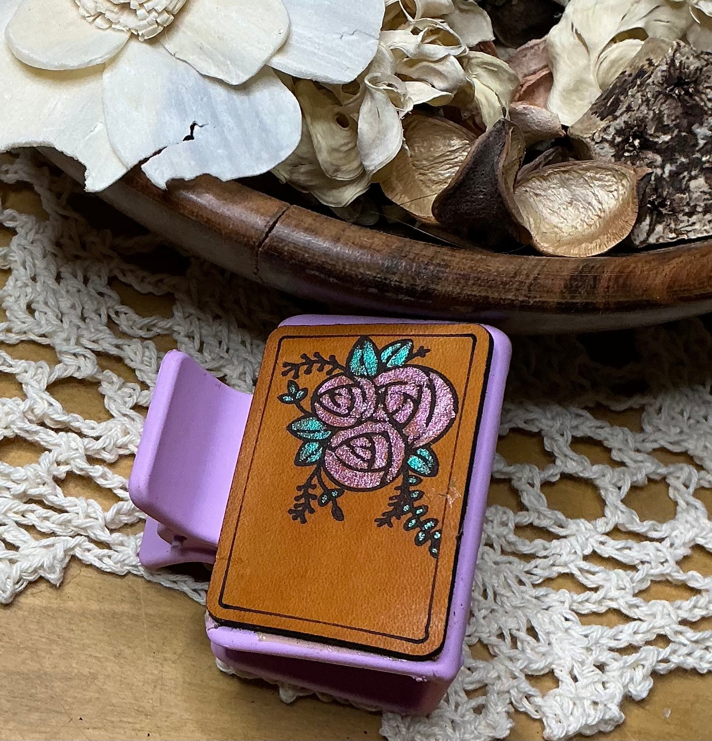 Pink Floral Leather Hair Clip - Small 2"