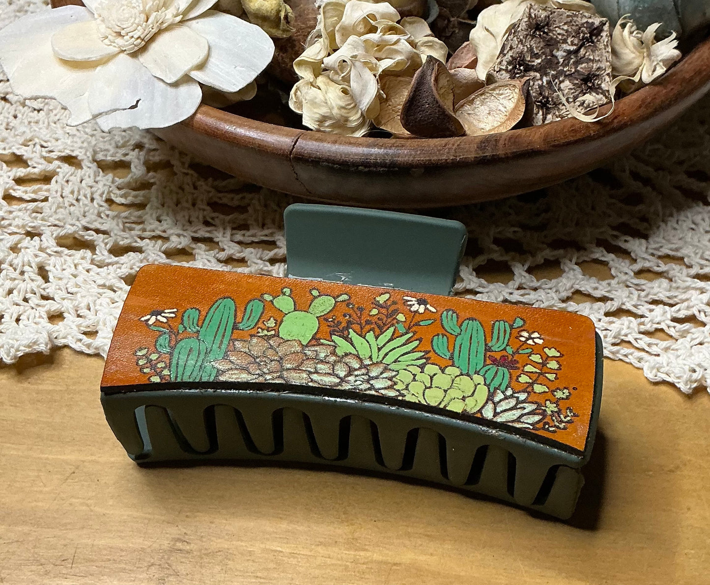 Succulents and Cactus Leather Engraved Hand Painted Claw Clip - Large 4"