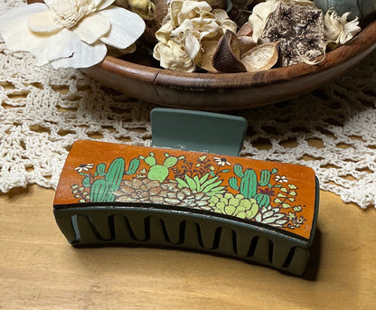Succulents and Cactus Leather Engraved Hand Painted Claw Clip - Large 4"