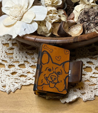 Corgi Dog Engraved Leather Hair Clip - Small 2"