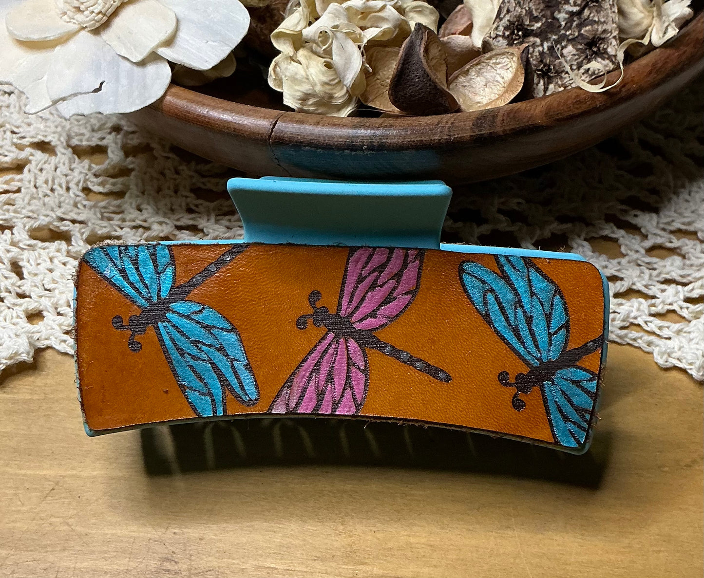 Dragonfly Leather Engraved Hand Painted Claw Clip - Large 4"