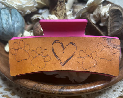 Paw Print and Heart Pink Leather Hair Claw Clip – 4" (Blemished)