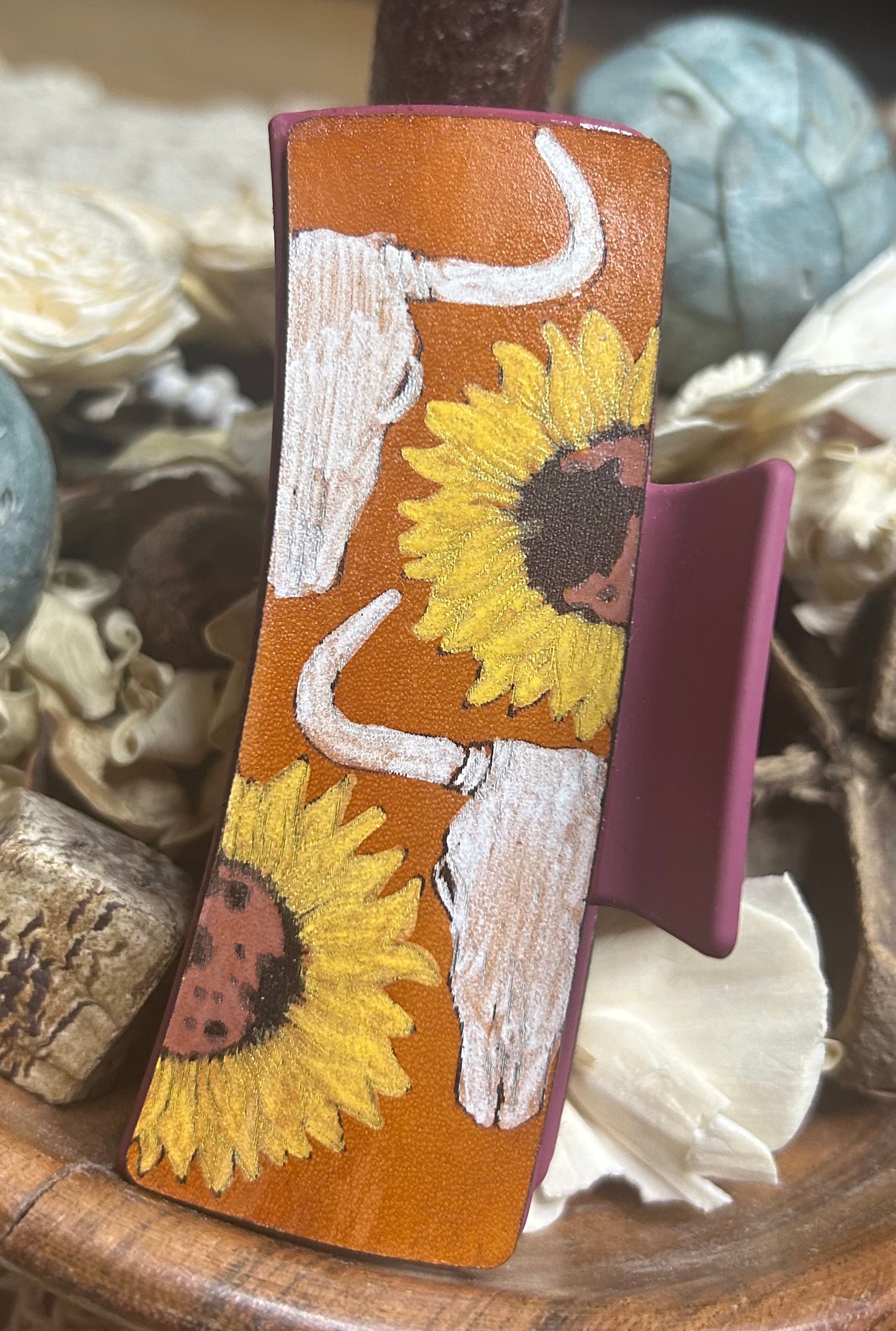 Bull Skull and Sunflower Leather Hair Claw Clip – 4"