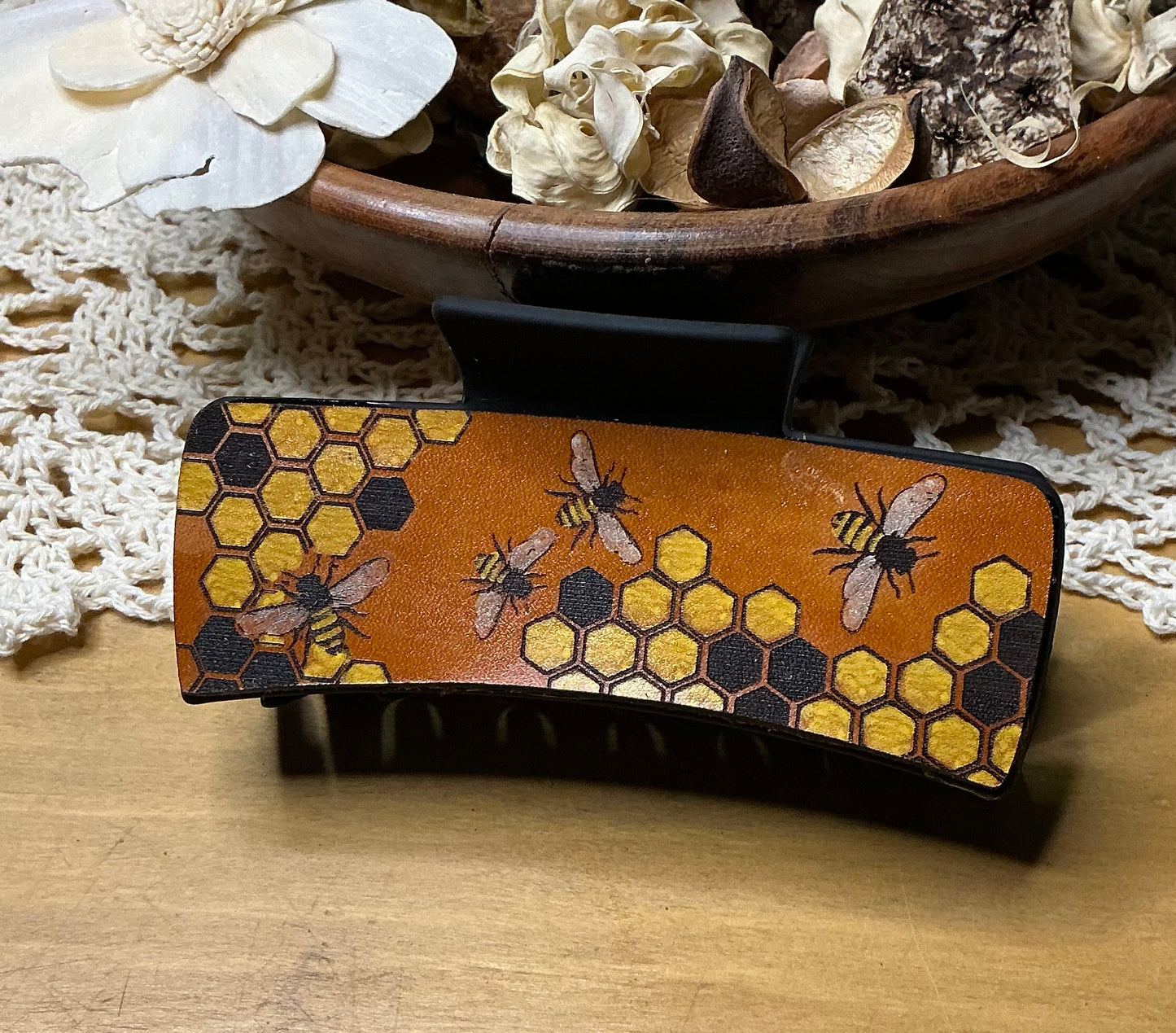 Honeycomb and Bee Engraved Hand Painted Claw Clip - Large 4"