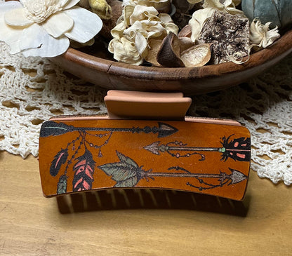 Arrows and Feathers Engraved Hand Painted Claw Clip - Large 4"