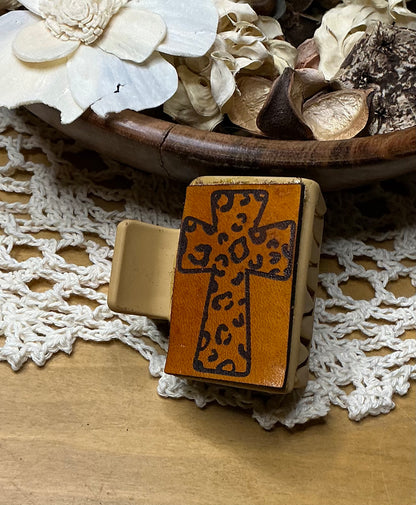 Cheetah Print Cross Engraved Leather Hair Clip - Small 2"