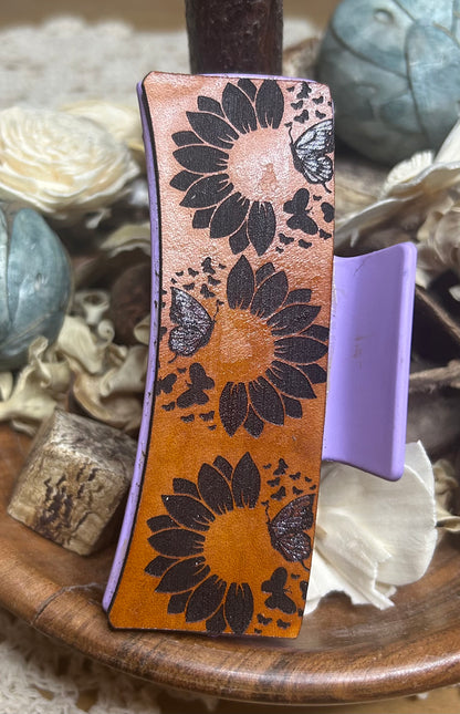 Sunflower and Butterfly Purple Leather Hair Claw Clip – 4"