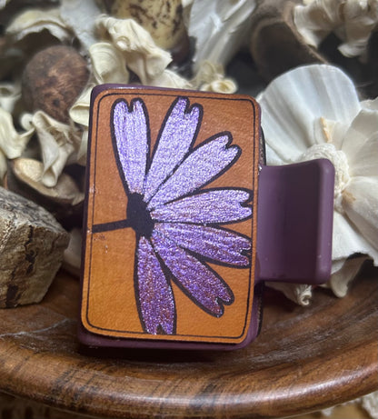 Purple Metallic Flower Leather Hair Claw Clip – Small 2"