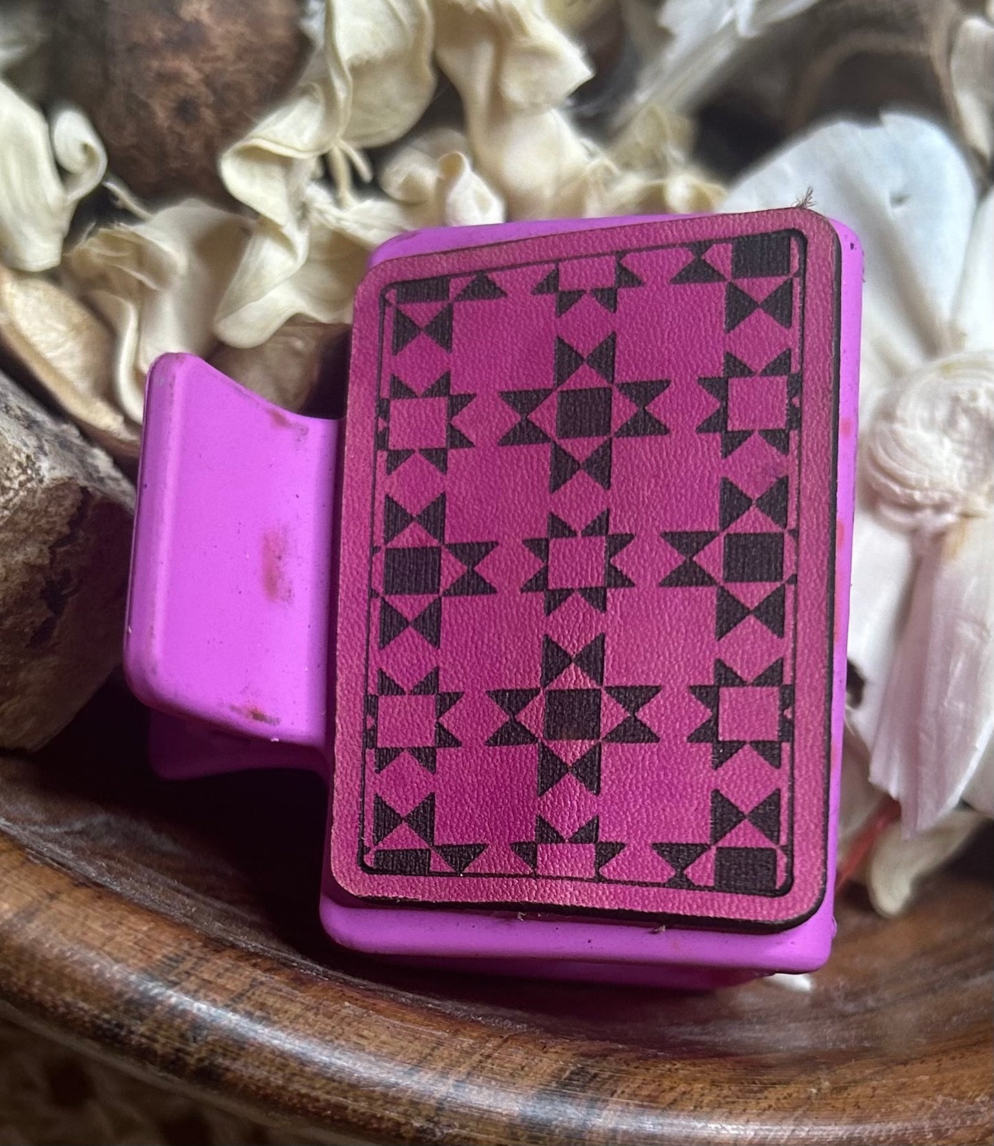 Pink Geometric Quilted-Style Leather Hair Claw Clip – Small 2"