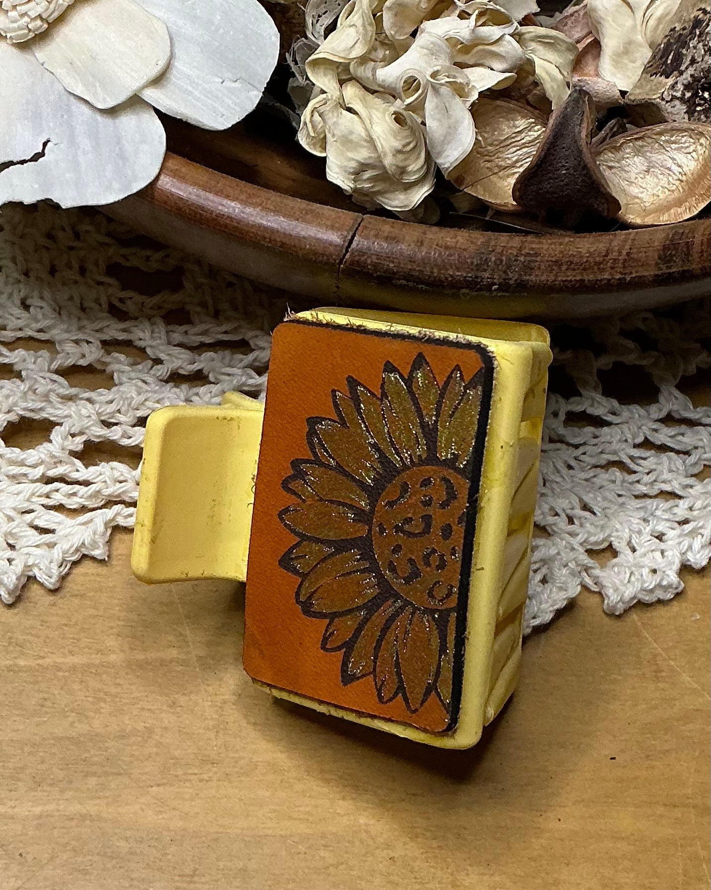 Sunflower Engraved Leather Hand Painted Hair Clip - Small 2"