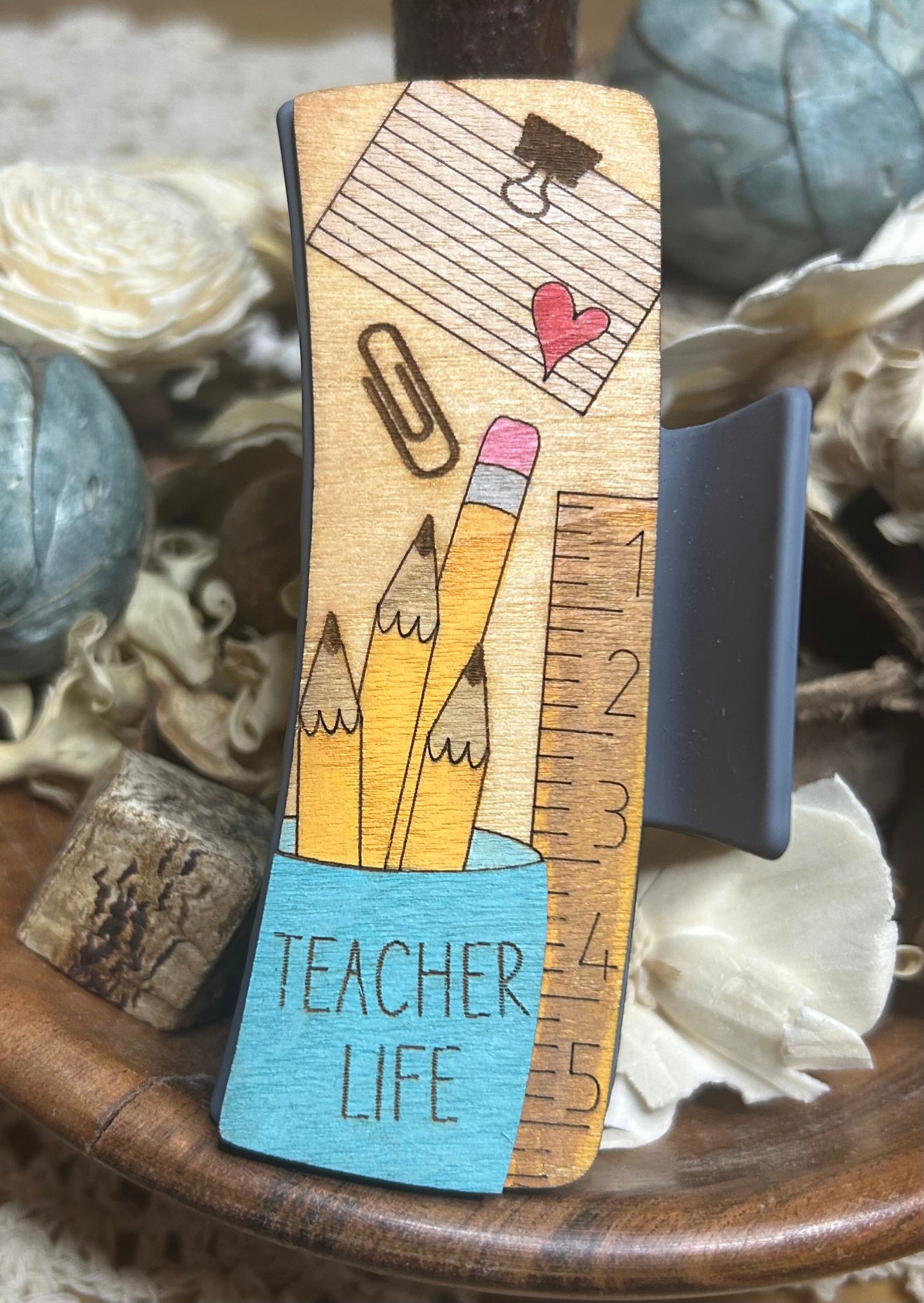 Teacher Life Wooden 3D Pencil Cup Hair Claw Clip – 4"
