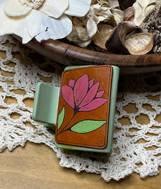 Pink Flower Engraved Leather Hand Painted Hair Clip - Small 2"