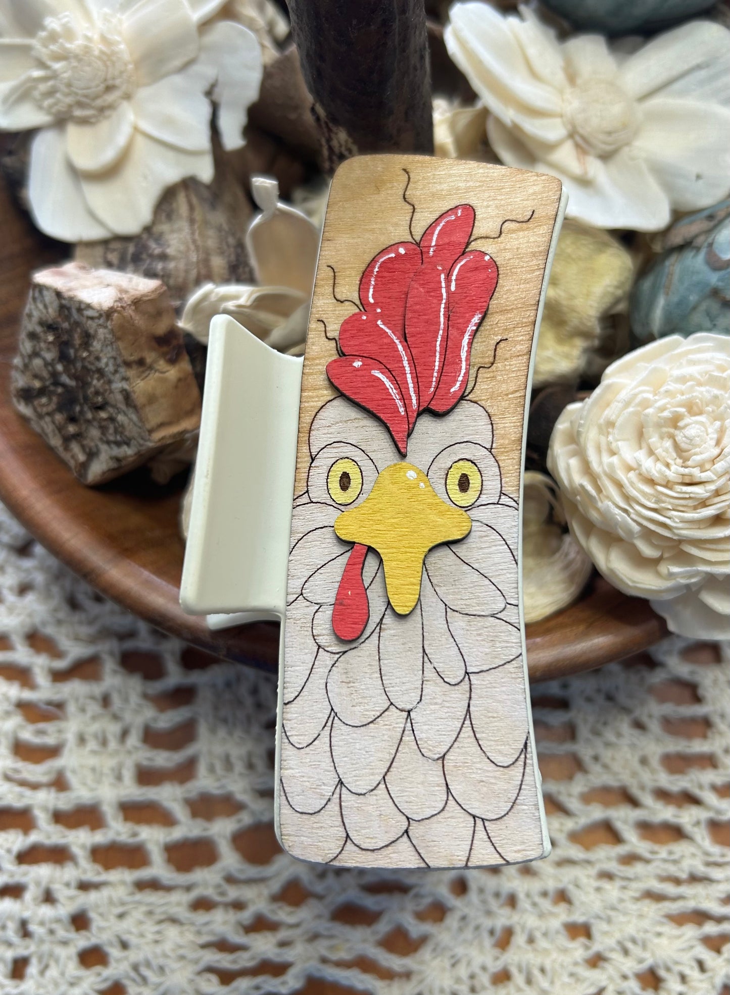 Wooden 3D Chicken Hair Claw Clip – 4"