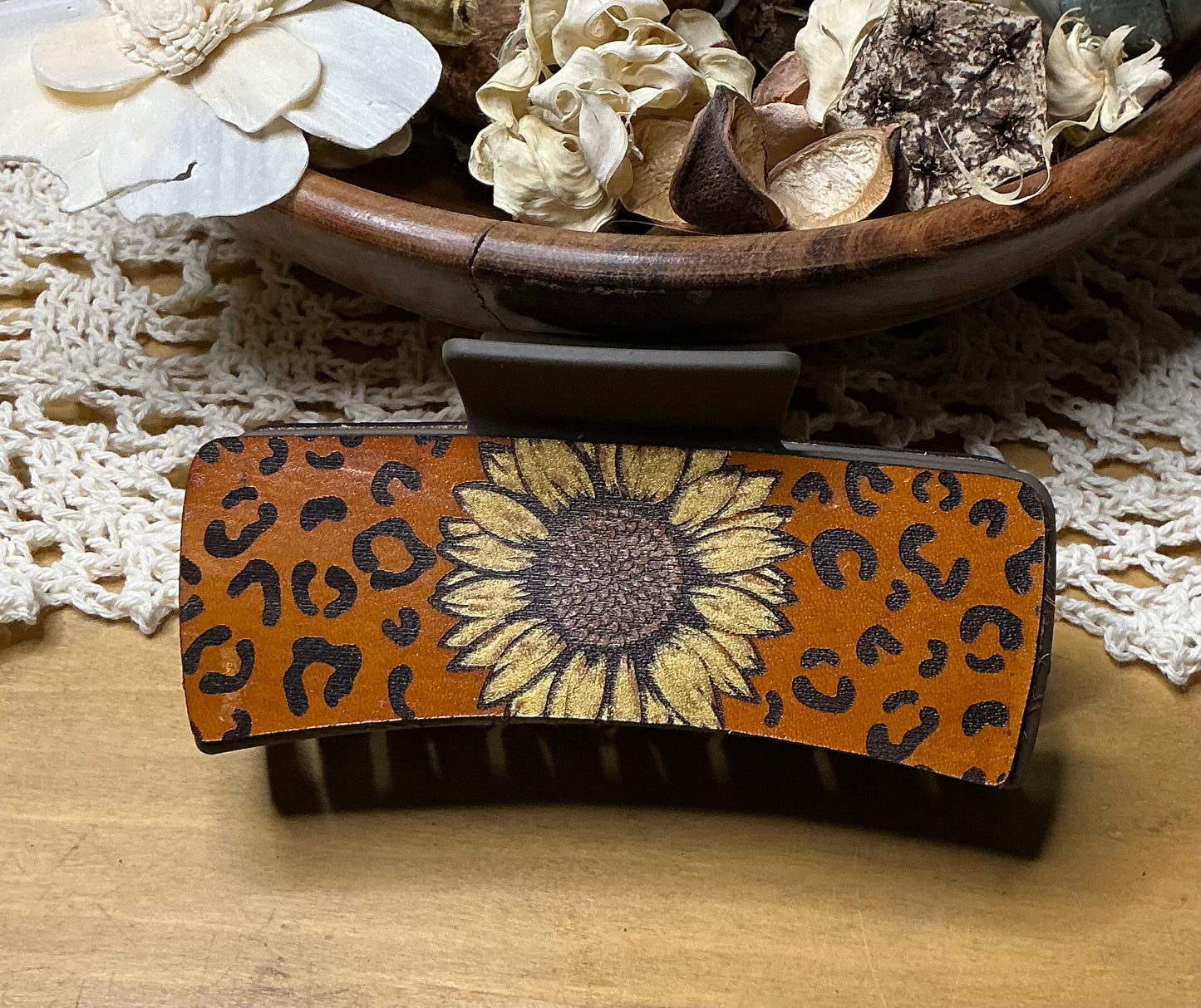 Sunflower and Cheetah Print Leather Engraved Hand Painted Brown Claw Clip - Large 4"