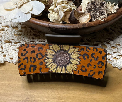 Sunflower and Cheetah Print Leather Engraved Hand Painted Brown Claw Clip - Large 4"