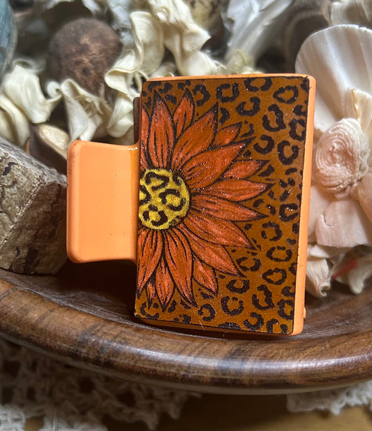 Animal Print & Orange Sunflower Leather Hair Claw Clip – Small 2"