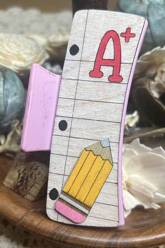 Wooden 3D A+ Pencil Teacher Hair Claw Clip – 4"