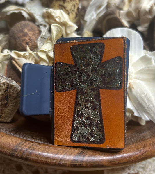Blue Glitter Animal Print Cross Leather Hair Claw Clip – Small 2"