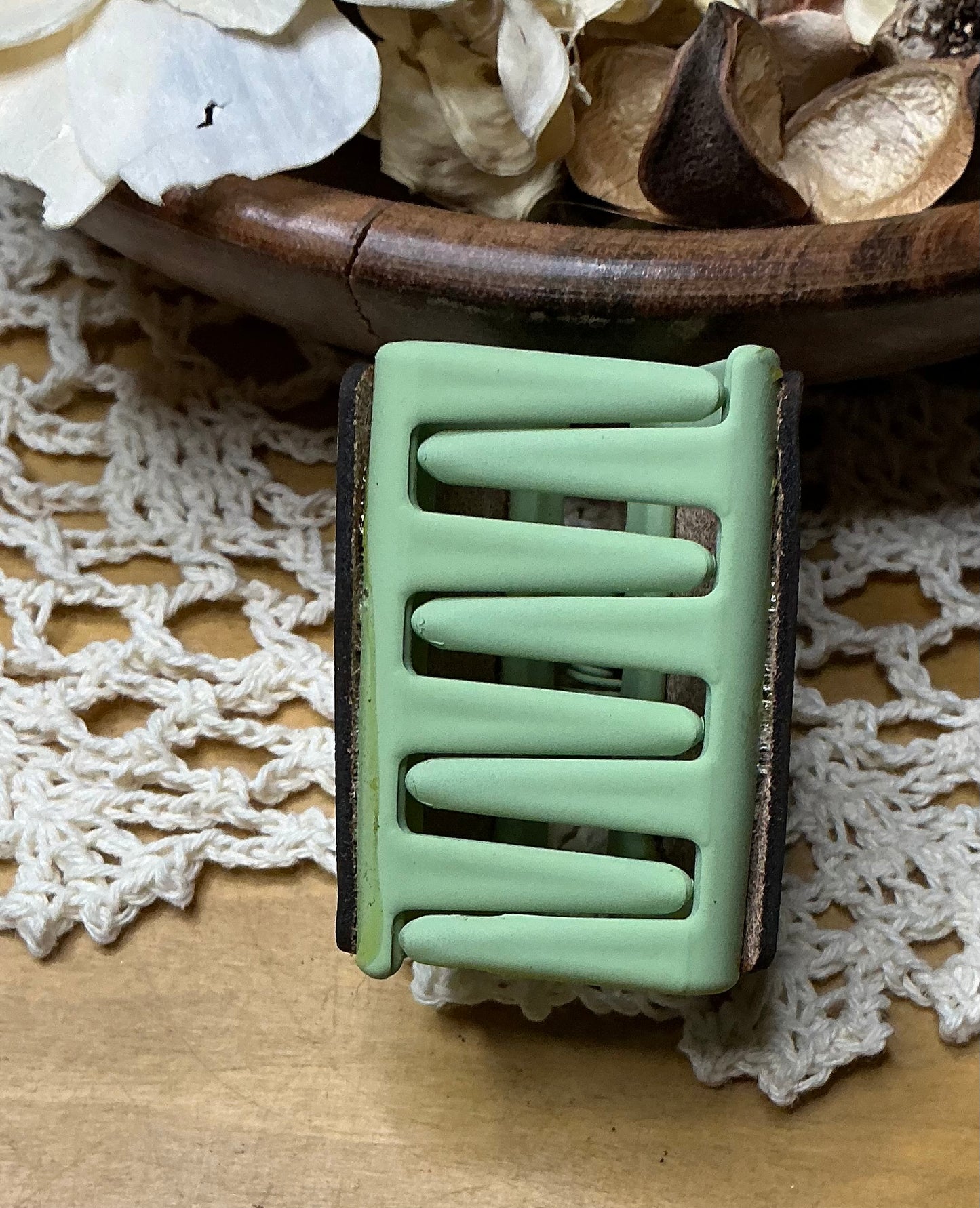 Geometric Leather Green Hair Clip - Small 2"