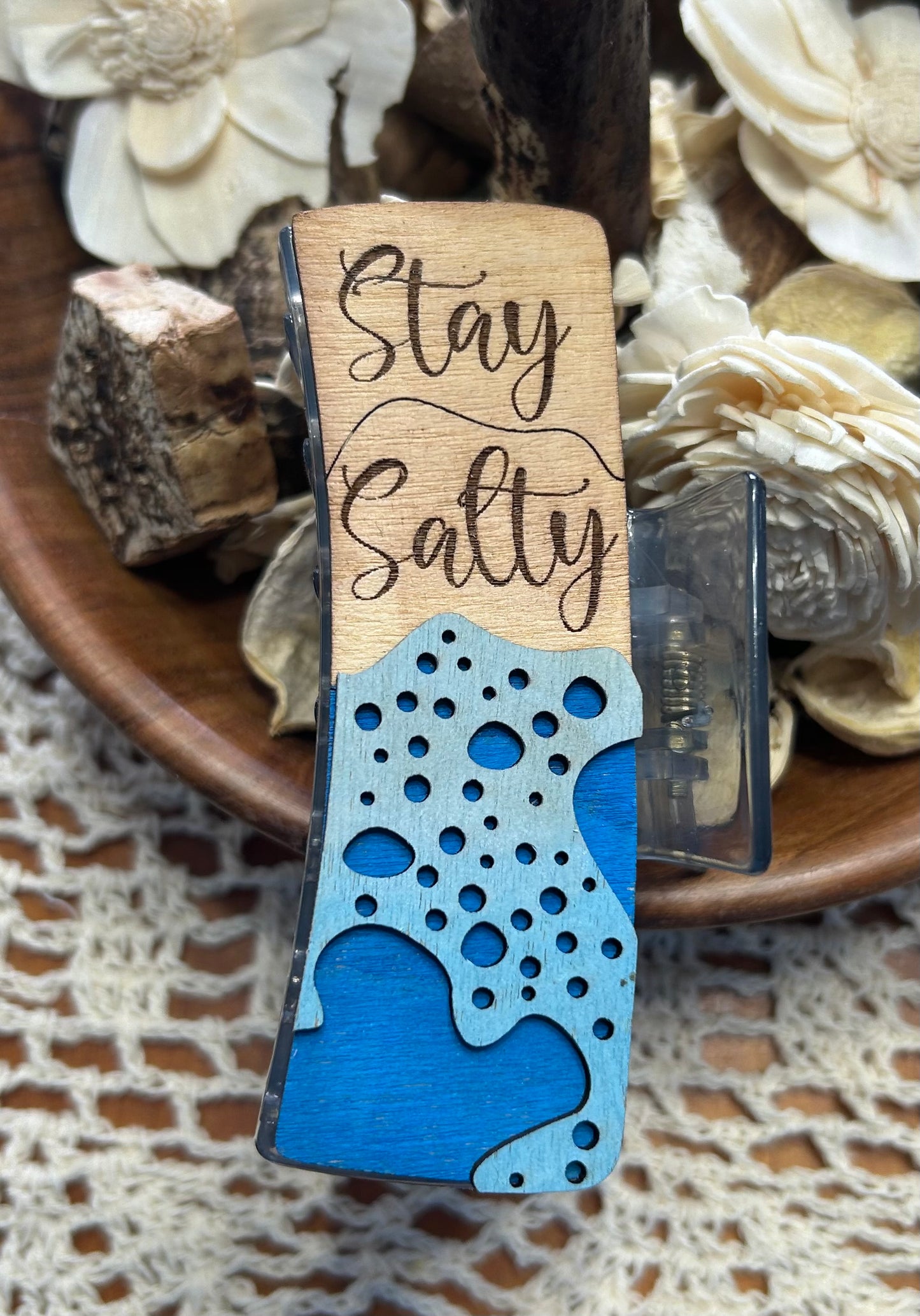Wooden 3D “Stay Salty” Beach Hair Claw Clip – 4"