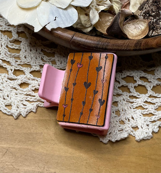 String of Hearts Engraved Leather Hair Clip - Small 2"