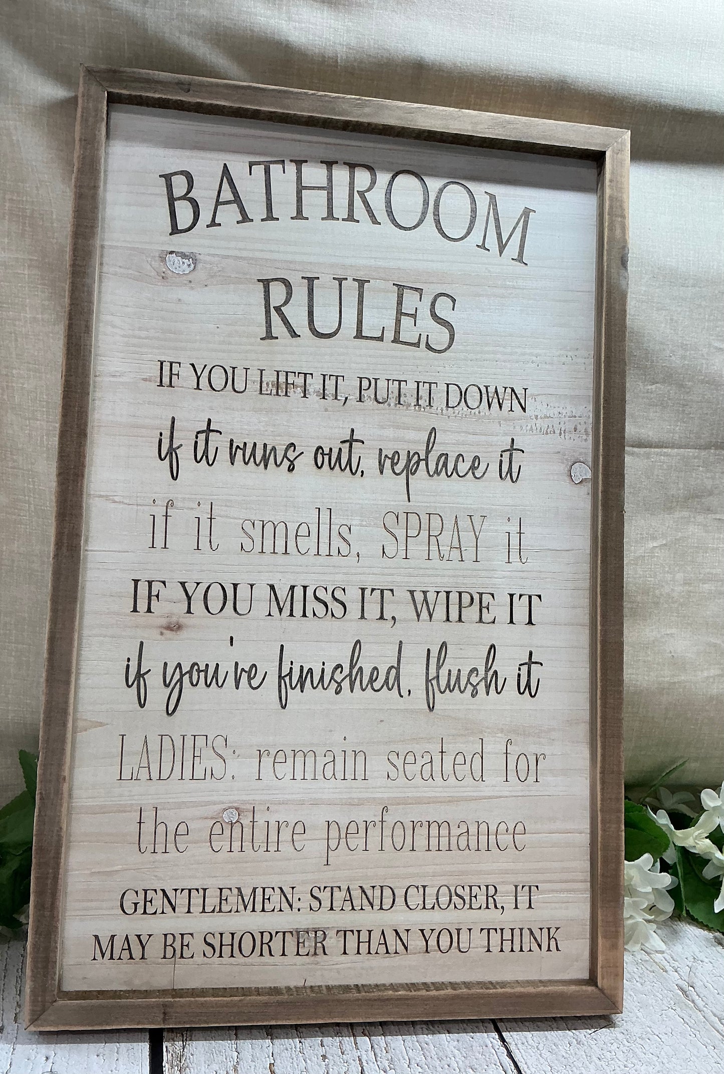 Wooden Framed Engraved Bathroom Rules Sign
