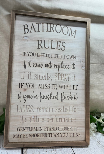 Wooden Framed Engraved Bathroom Rules Sign