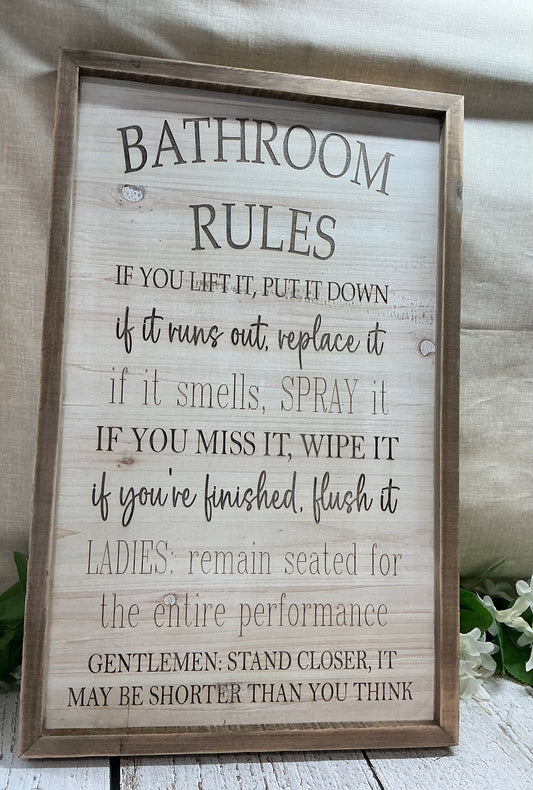 Wooden Framed Engraved Bathroom Rules Sign