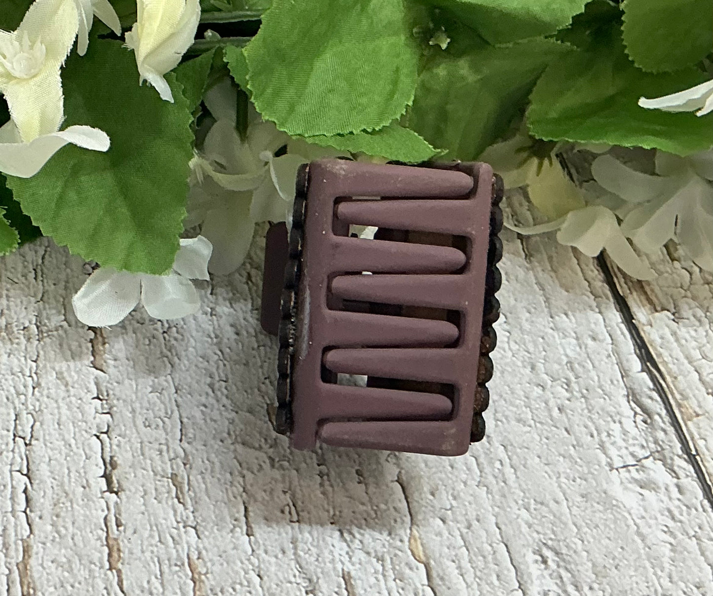 Purple Aztec Print Scalloped Edge Leather on Taupe Hair Claw Clip - Small 2"