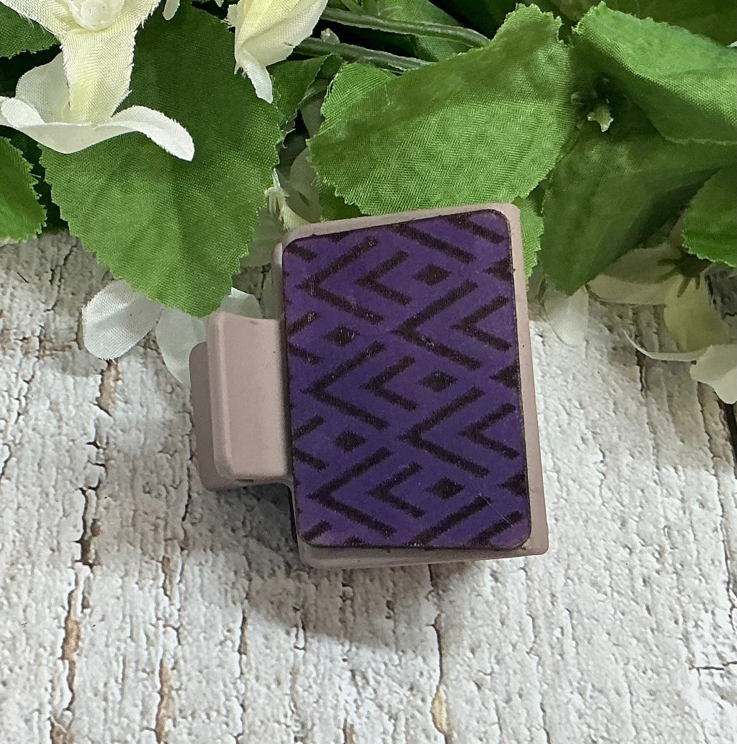 Purple Geometric Leather on Taupe Hair Claw Clip - Small 2"